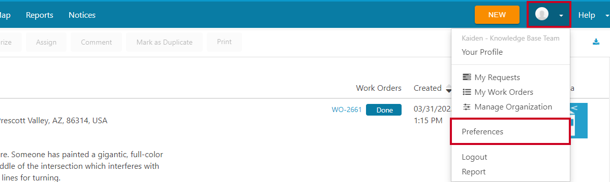 profile menu, preferences option