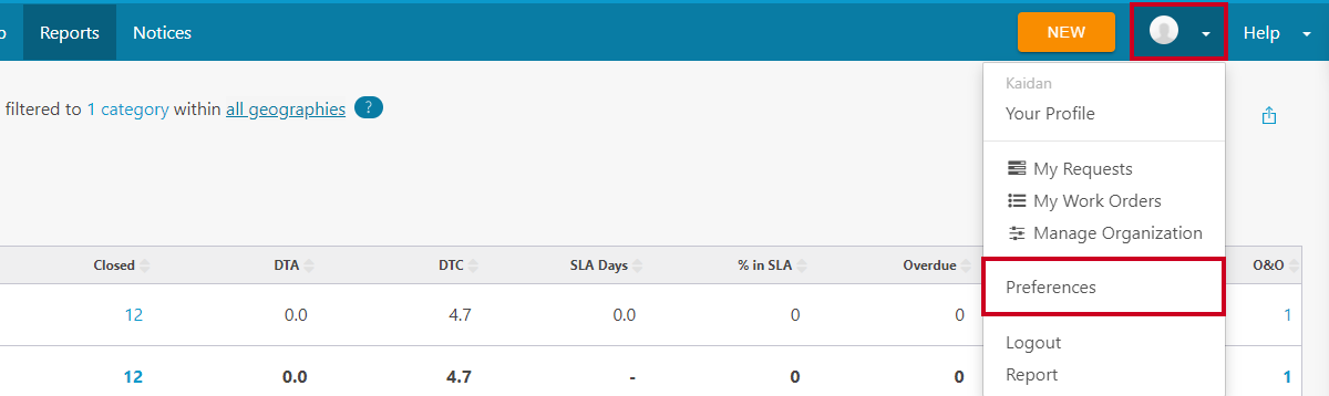 Profile menu, preferences
