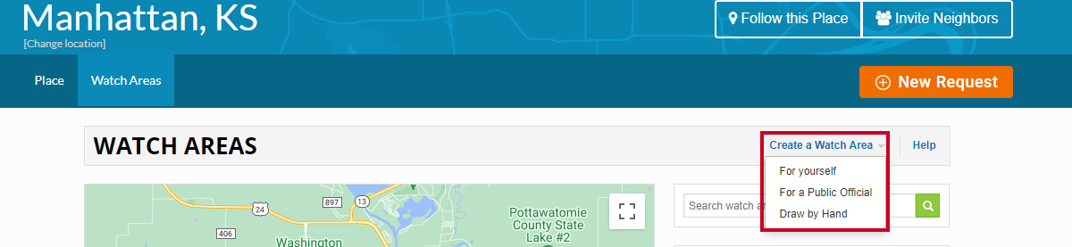 create a watch area drop-down menu options