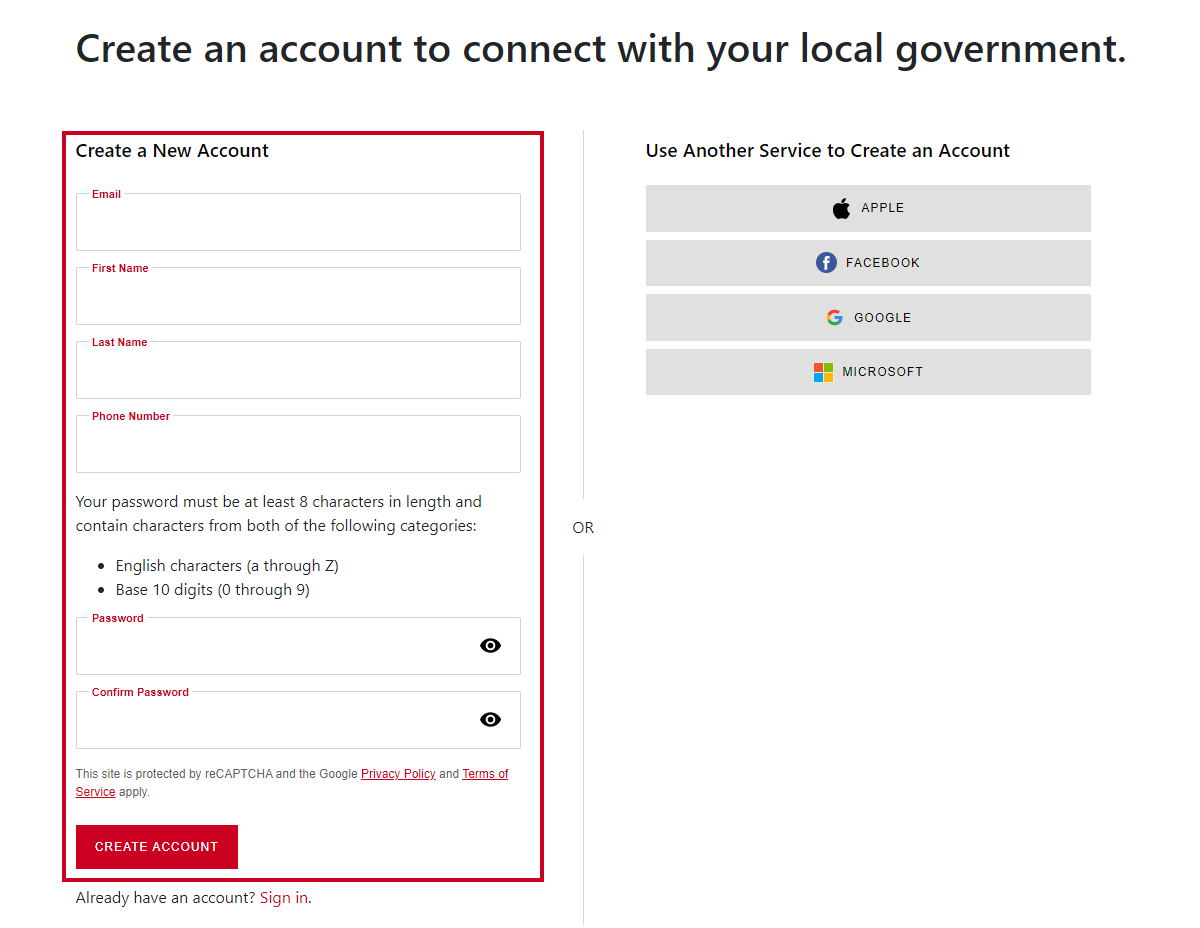 CivicPlus account sign up page