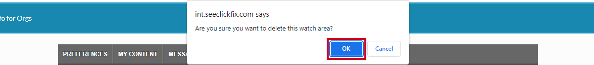 confirm delete pop-up window, okay button