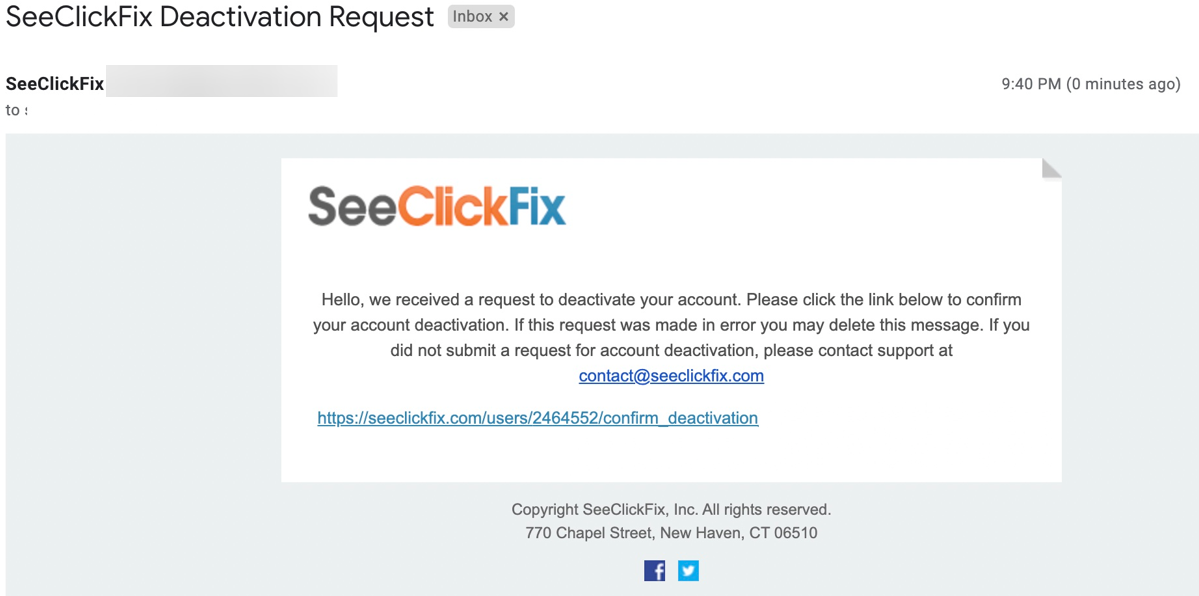 Deactivation email